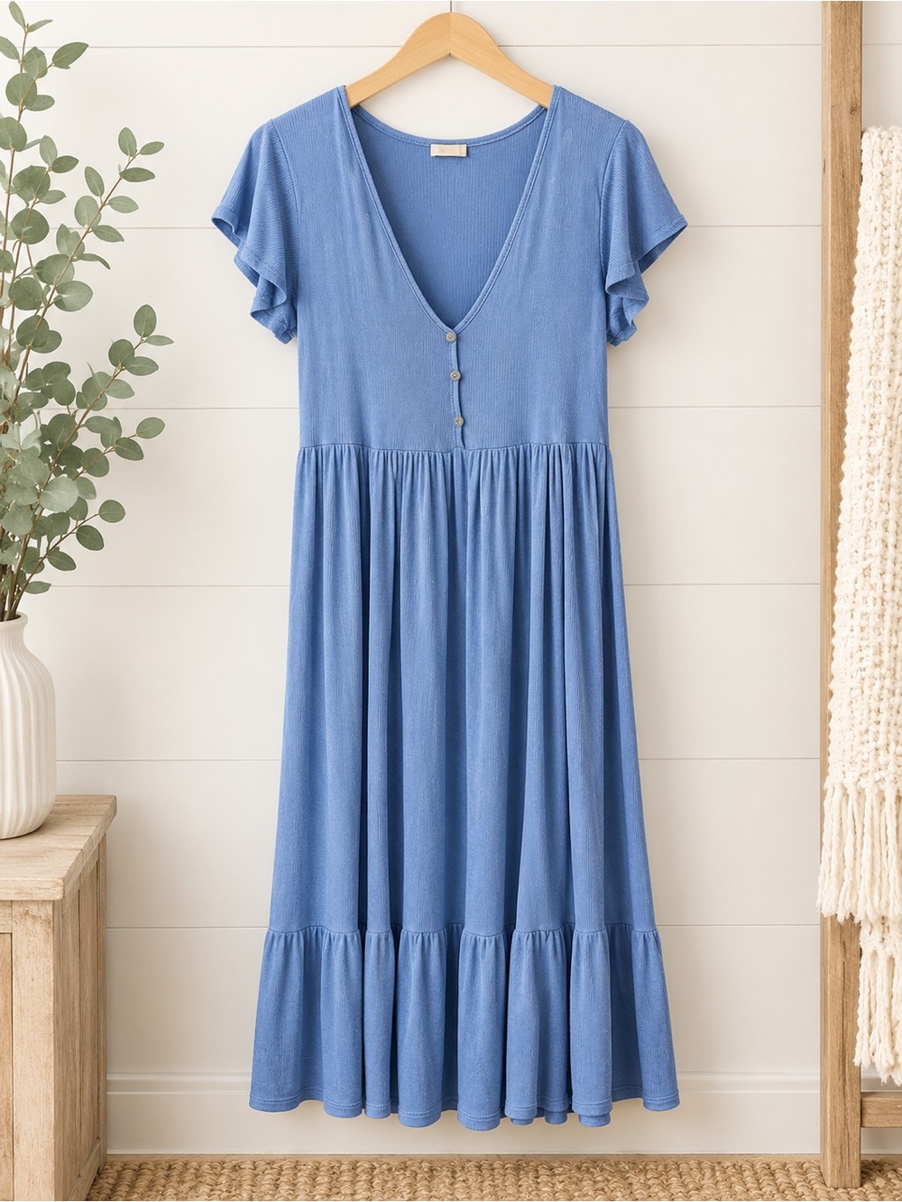 Blue V-Neck Ruffle Sleeve Midi Dress